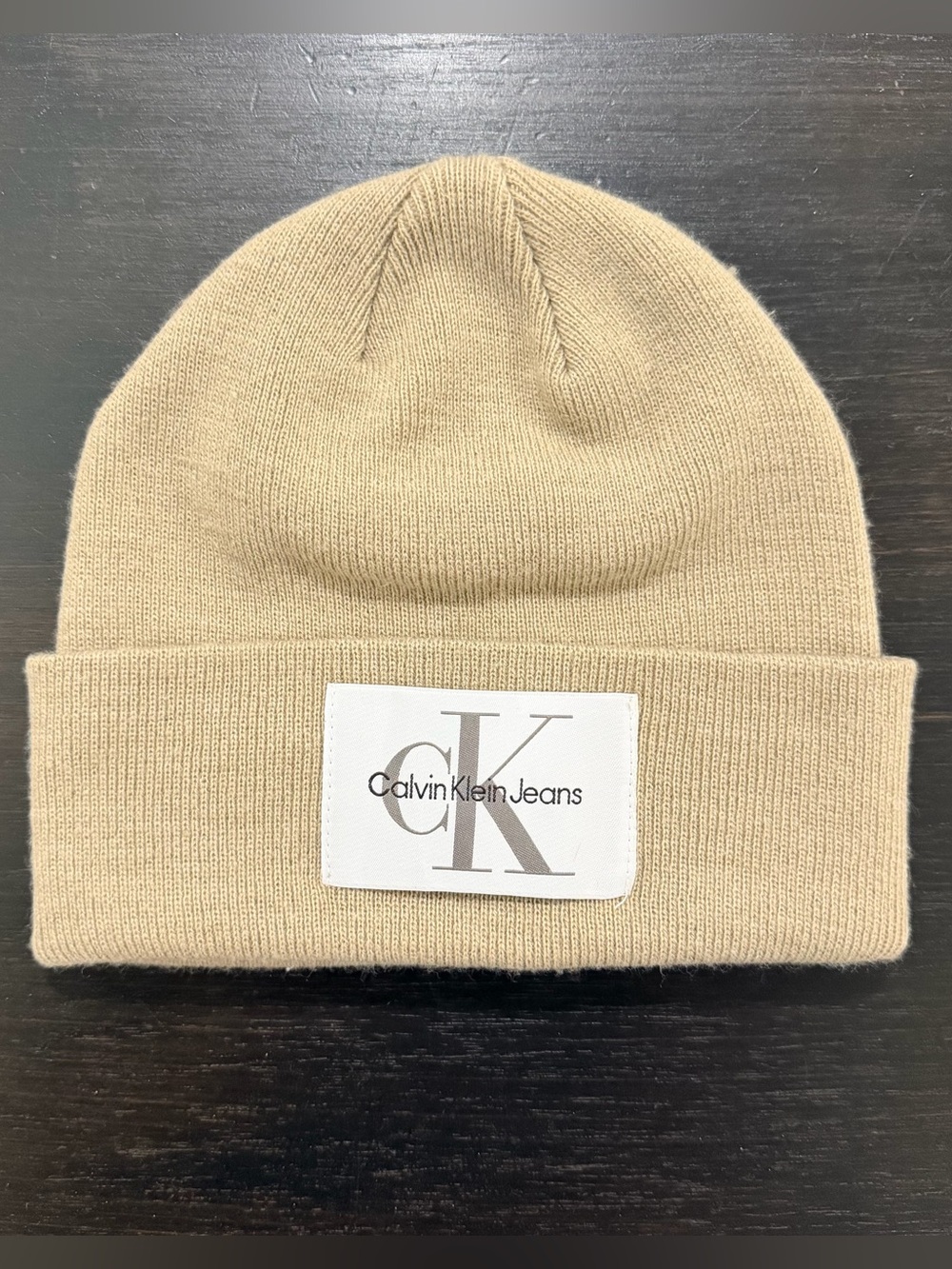 Calvin Klein Jeans Mono Logo Patch Beanie Beige One Size